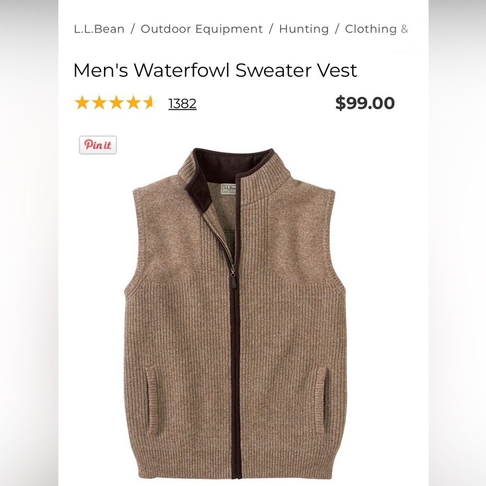 L.L. Bean Waterfowl Sweater Vest in Color Sable (100% wool, Like New)
